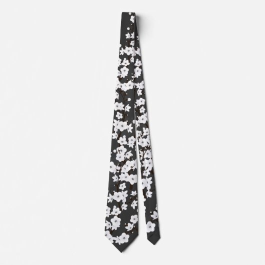 Black and White Cherry Blossom Stropdas (Voorkant)