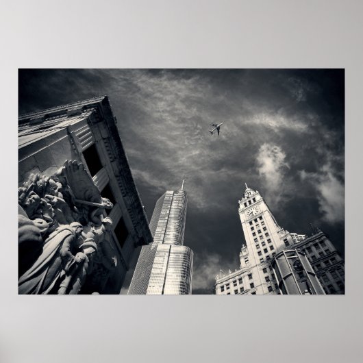 Black and White Chicago City Skyline with Airplane Poster (Voorkant)