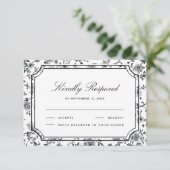 Black and White Chinoiserie Wedding RSVP Kaartje (Staand voorkant)
