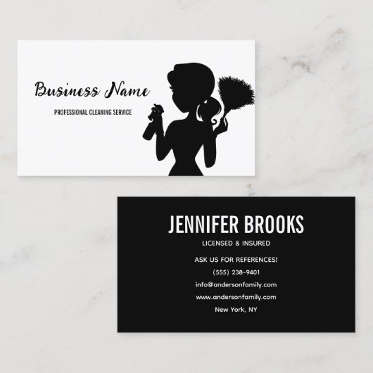 Black and white Cleaning Service Housekeeper Maid Visitekaartje (Voorkant / Achterkant)