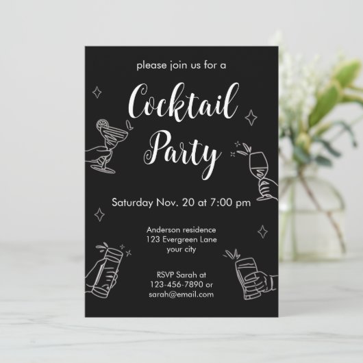 Black And White Cocktail Party Minimalist Invitati Kaart (Staand voorkant)