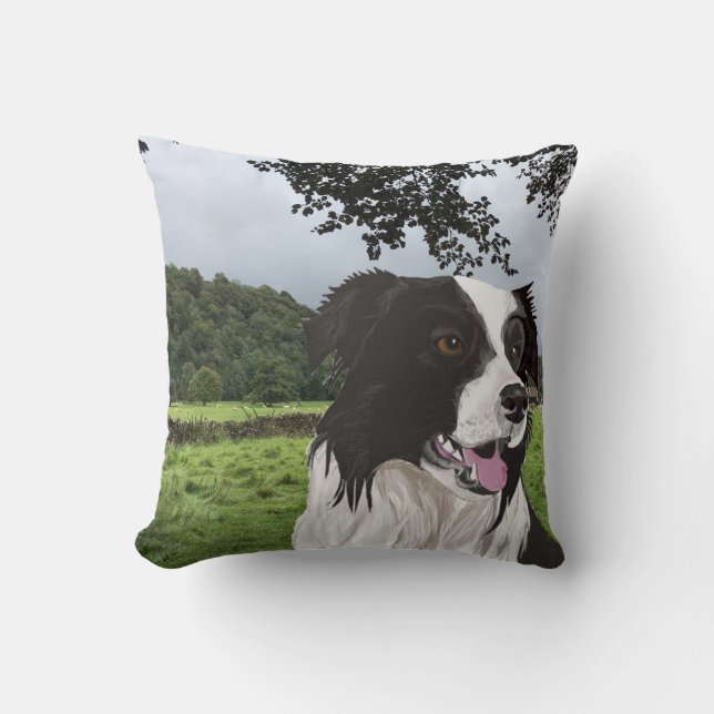 Black and White Collie tegen een Yorkshire scene Kussen (Voorkant)