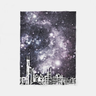 Black and White Comic Style City Skyline Milky Way Fleece Deken