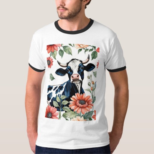 Black And White Cow With Orange Flowers T-shirt (Voorkant)