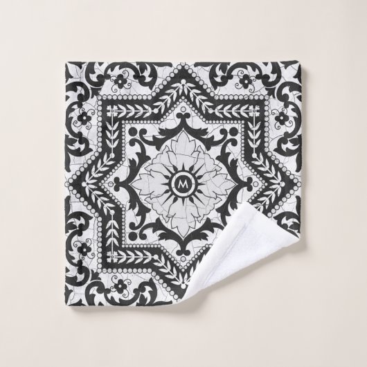 Black and White Cracked Ceramic Style Azulejo Bad Handdoek (Wasdoekje)