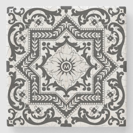 Black and White Cracked Ceramic Style Azulejo Stenen Onderzetter (Voorkant)