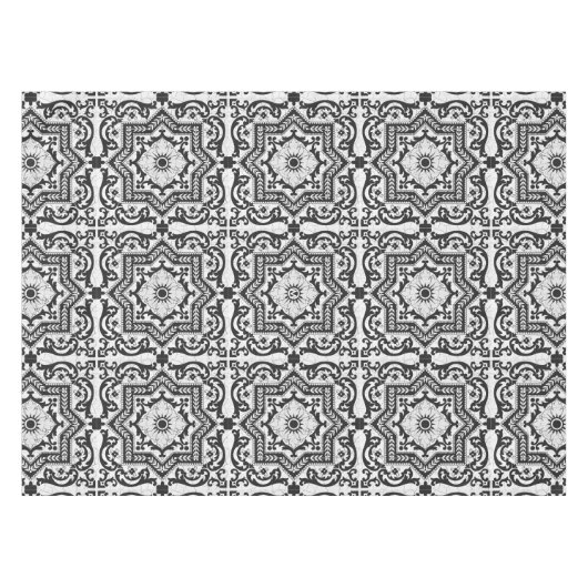 Black and White Cracked Ceramic Style Azulejo Tafelkleed (Voorkant (Horizontaal))