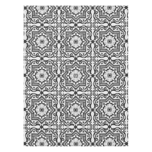 Black and White Cracked Ceramic Style Azulejo Tafelkleed (Voorkant)