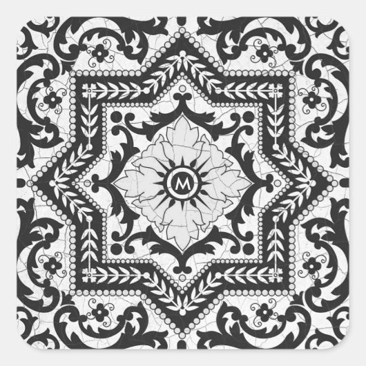 Black and White Cracked Ceramic Style Azulejo Vierkante Sticker (Voorkant)
