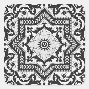 Black and White Cracked Ceramic Style Azulejo Vierkante Sticker