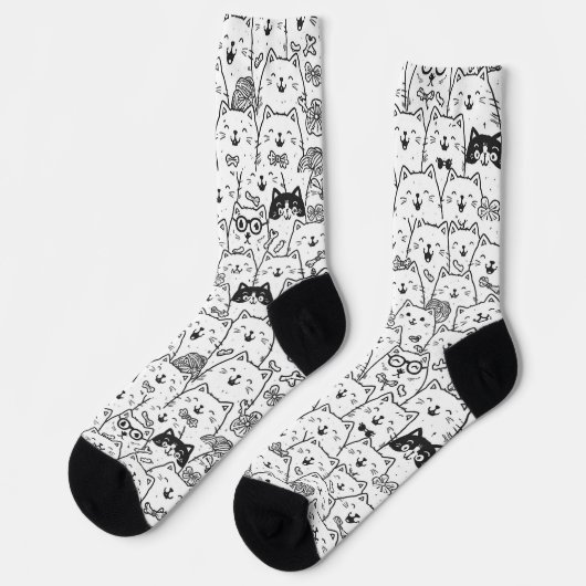 Black and White Cute Doodle Cat Face Pattern Socks Sokken (Links)