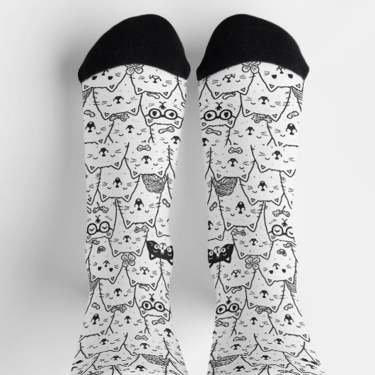 Black and White Cute Doodle Cat Face Pattern Socks Sokken (Top)