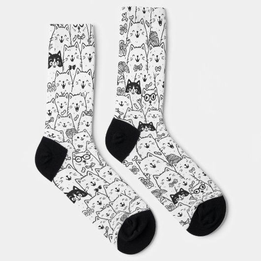 Black and White Cute Doodle Cat Face Pattern Socks Sokken (Rechts)