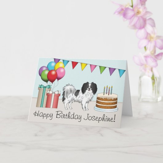 Black and White Cute Phalène Dog Colorful Birthday Kaart (Orchidee)