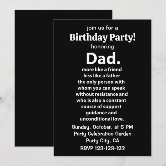 Black and White Dad Daddy Quote Birthday Party Kaart (Voorkant / Achterkant)