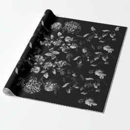Black and White Dahlia Floral Vine op zwart Cadeaupapier