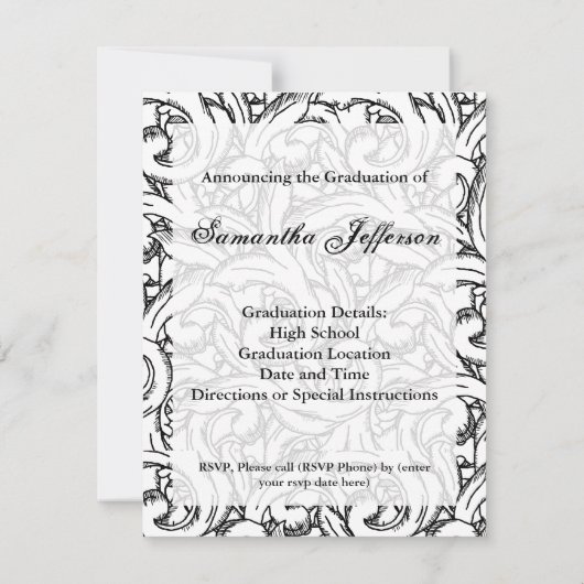 Black and White Damask Afstuderen Invitation Kaart (Achterkant)