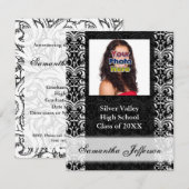 Black and White Damask Afstuderen Invitation Kaart (Voorkant / Achterkant)
