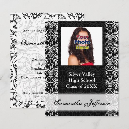 Black and White Damask Afstuderen Invitation Kaart (Voorkant / Achterkant)