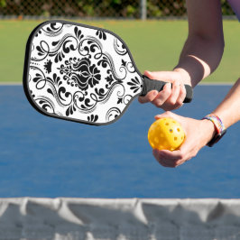 Black and White Damask Floral Pickleball Paddle
