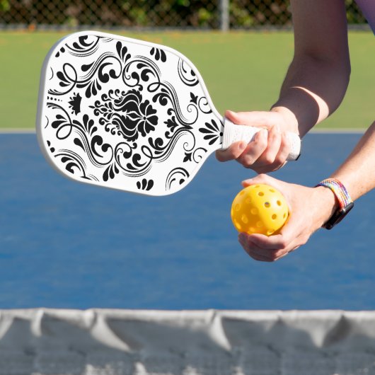 Black and White Damask Floral Pickleball Paddle (Insitu)