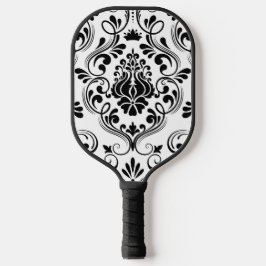 Black and White Damask Floral Pickleball Paddle