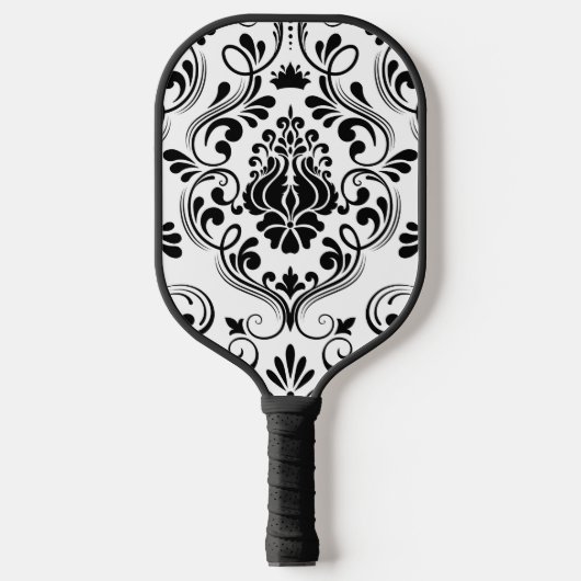 Black and White Damask Floral Pickleball Paddle (Voorkant)