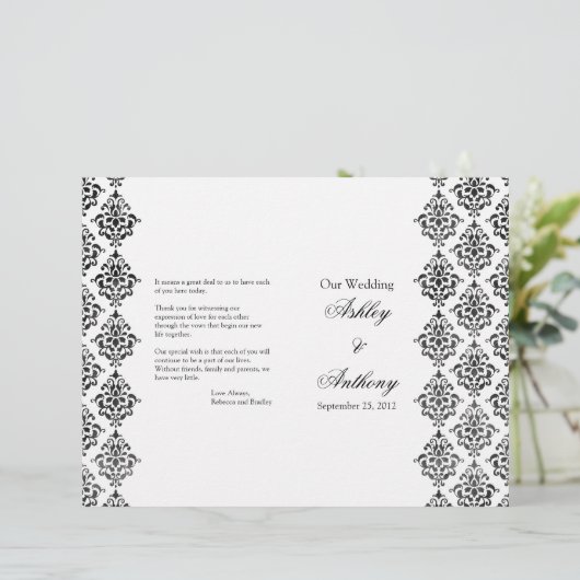 Black and White Damask Foldable Wedding Programme (Staand voorkant)