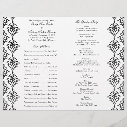 Black and White Damask Foldable Wedding Programme (Achterkant)