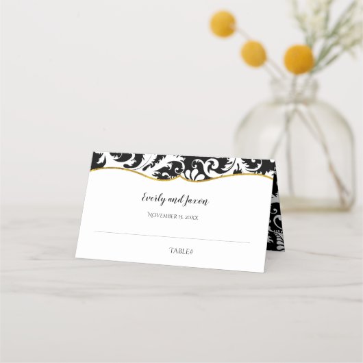 Black and White Damask Gold Trim Wedding Plaatskaartje (Voorkant)