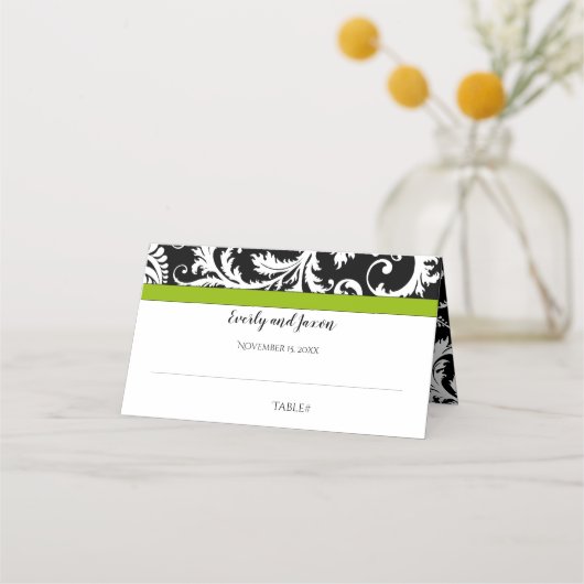 Black and White Damask Green Trim Wedding Plaatskaartje (Achterkant)