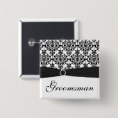 Black and White Damask Groomsman Pin Vierkante Button 5,1 Cm (Voorkant /achterkant)