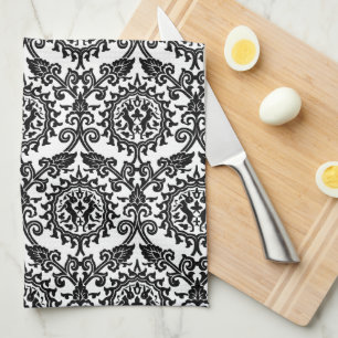 Black and White Damask Hare Pattern Theedoek
