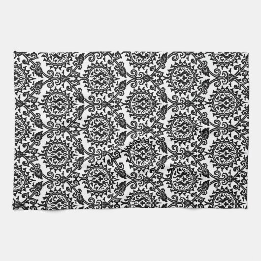 Black and White Damask Hare Pattern Theedoek (Horizontaal)