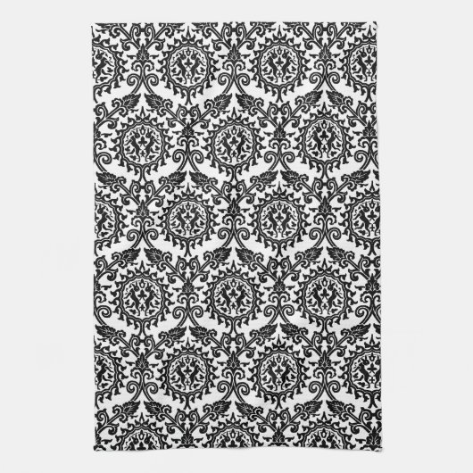 Black and White Damask Hare Pattern Theedoek (Verticaal)