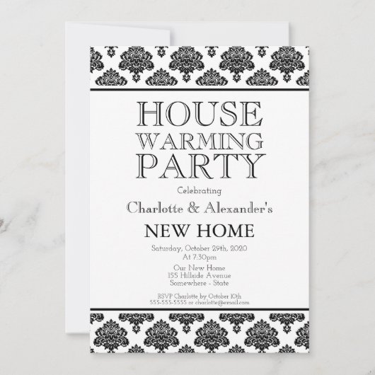 Black and White Damask Pattern Housewarming Party Aankondiging (Voorkant)