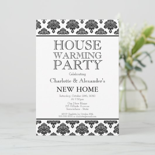 Black and White Damask Pattern Housewarming Party Aankondiging (Staand voorkant)