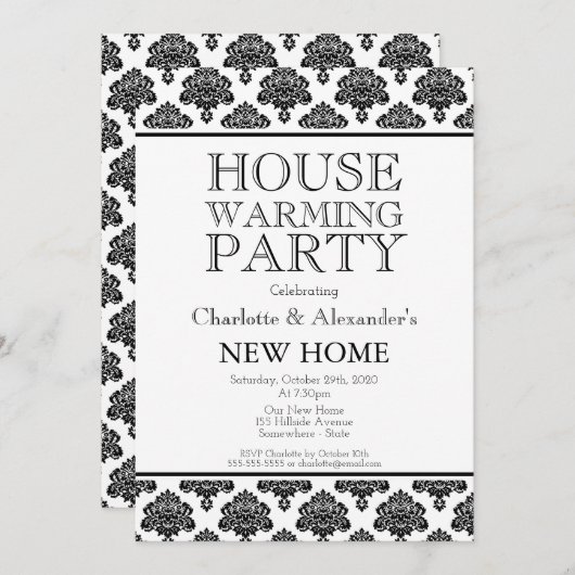 Black and White Damask Pattern Housewarming Party Aankondiging (Voorkant / Achterkant)