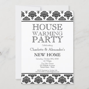 Black and White Damask Pattern Housewarming Party Aankondiging