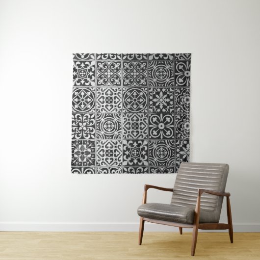 Black and white damask patterns wandkleed (In Situ (horizontaal))