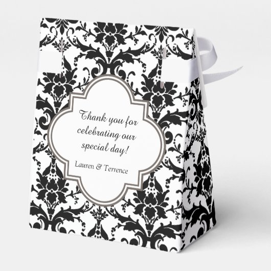 Black and White Damask Personalized Wedding Bedankdoosjes (Achterkant)