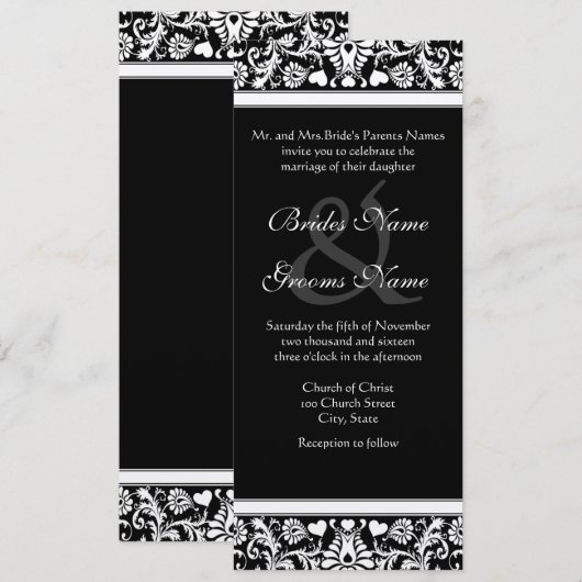 Black and White Damask Swirls Wedding Invitation Kaart (Voorkant / Achterkant)