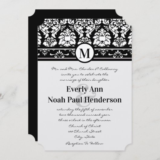 Black and White Damask Swirls Wedding Invitation Kaart (Voorkant / Achterkant)