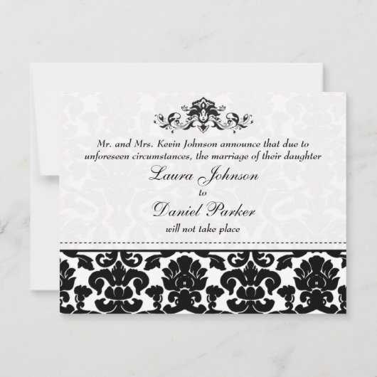 Black and White Damask Wedding Cancelation Card Kaart (Achterkant)