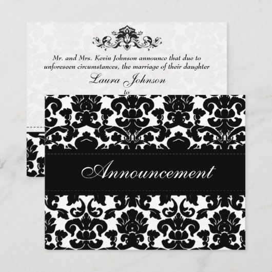 Black and White Damask Wedding Cancelation Card Kaart (Voorkant / Achterkant)
