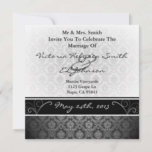 Black and White Damask Wedding Invite Kaart (Voorkant)