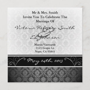 Black and White Damask Wedding Invite Kaart