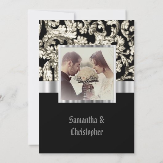 Black and white damask wedding photo invitation kaart (Achterkant)