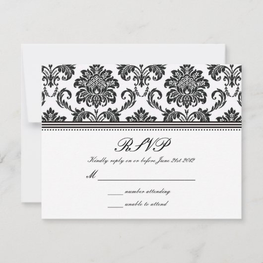Black and White Damask Wedding RSVP Kaartje (Voorkant)