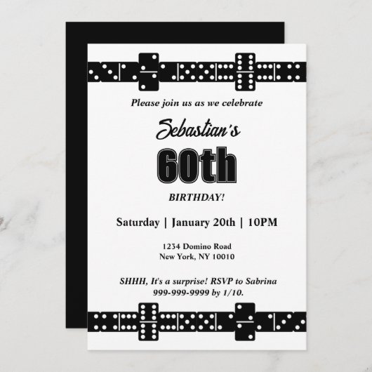 Black and White Domino Theme Birthday Party Invite (Voorkant / Achterkant)